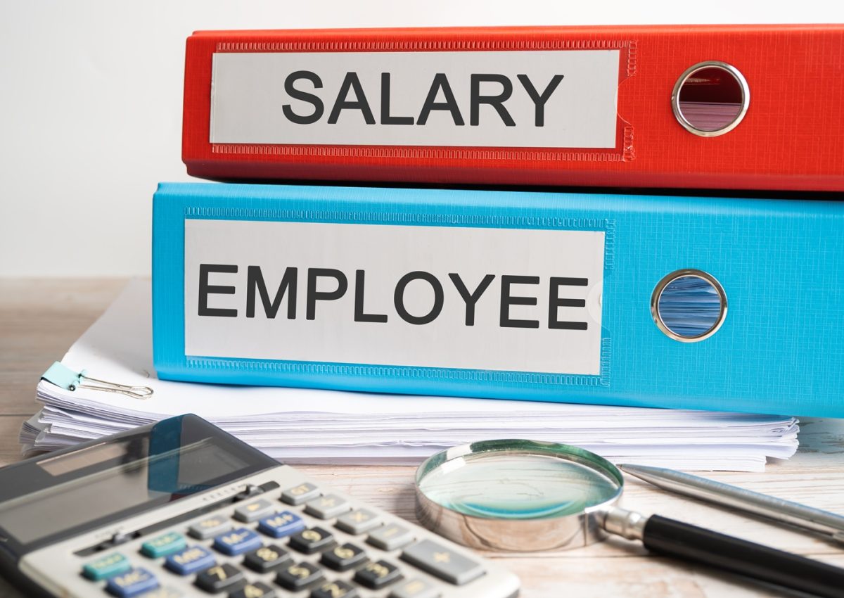 Salary., Employee. Binder data finance report business with graph analysis in office.